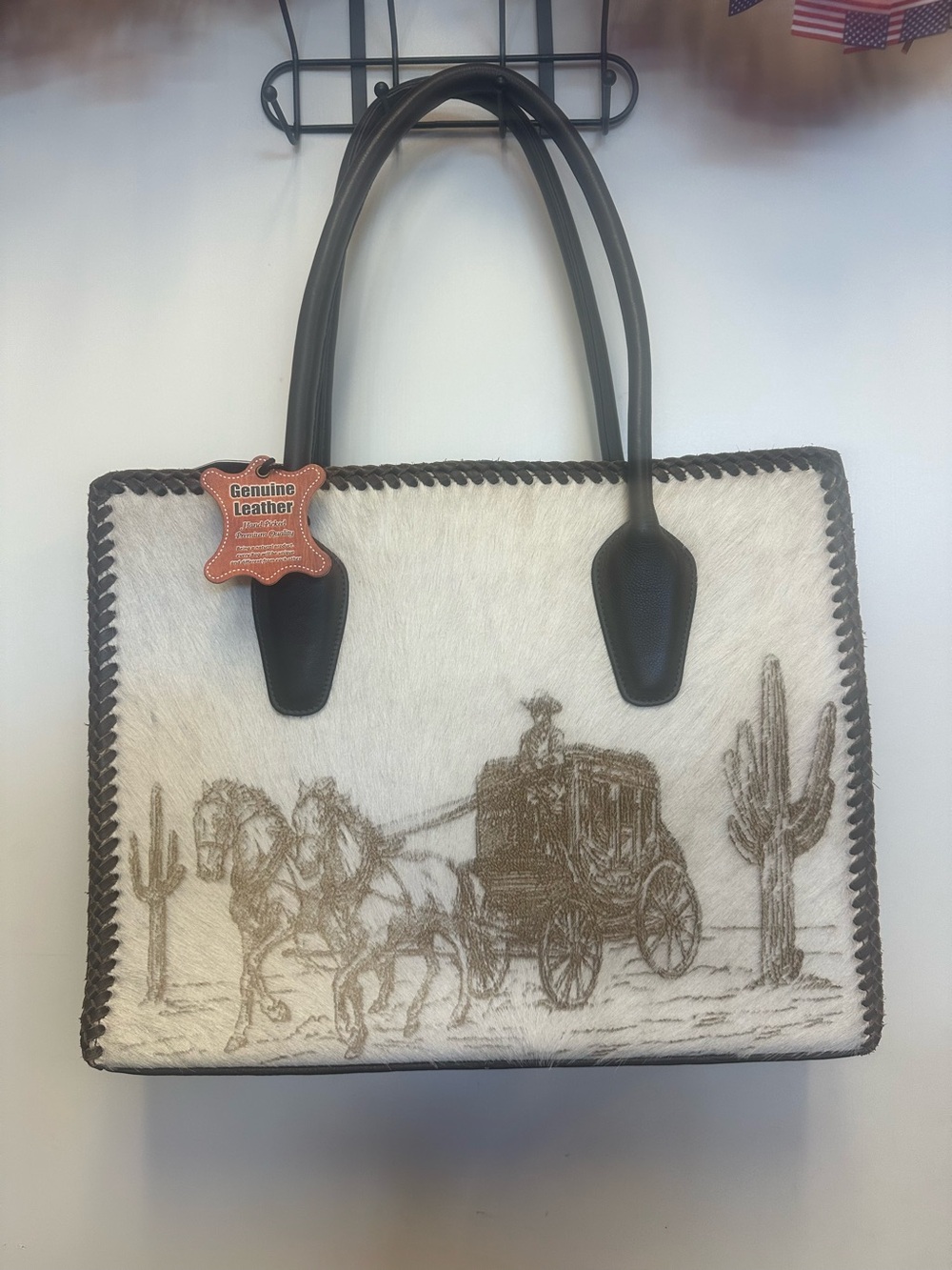 Genuine Leather Western Stagecoach Tote Bag - White & Brown cowhide